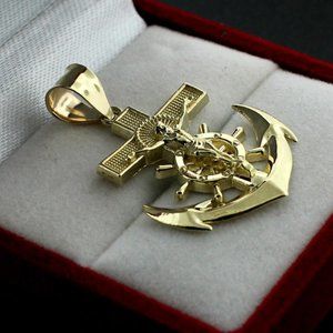 Real 10K Yellow Gold Anchor Cross Pendant